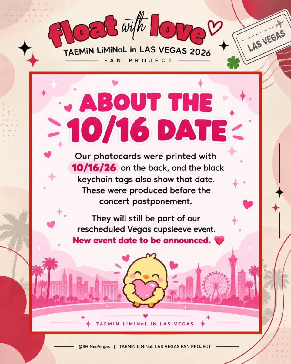 SHINeeVegas's tweet photo. A note about the 10/16/26 date 

Our photocards have it printed on the back, and our shaker keychains have it on the black tag. Both were made before the concert was postponed.

They’ll still be part of our rescheduled Vegas cupsleeve. New event date TBA! https://t.co/wRA12ciVaN