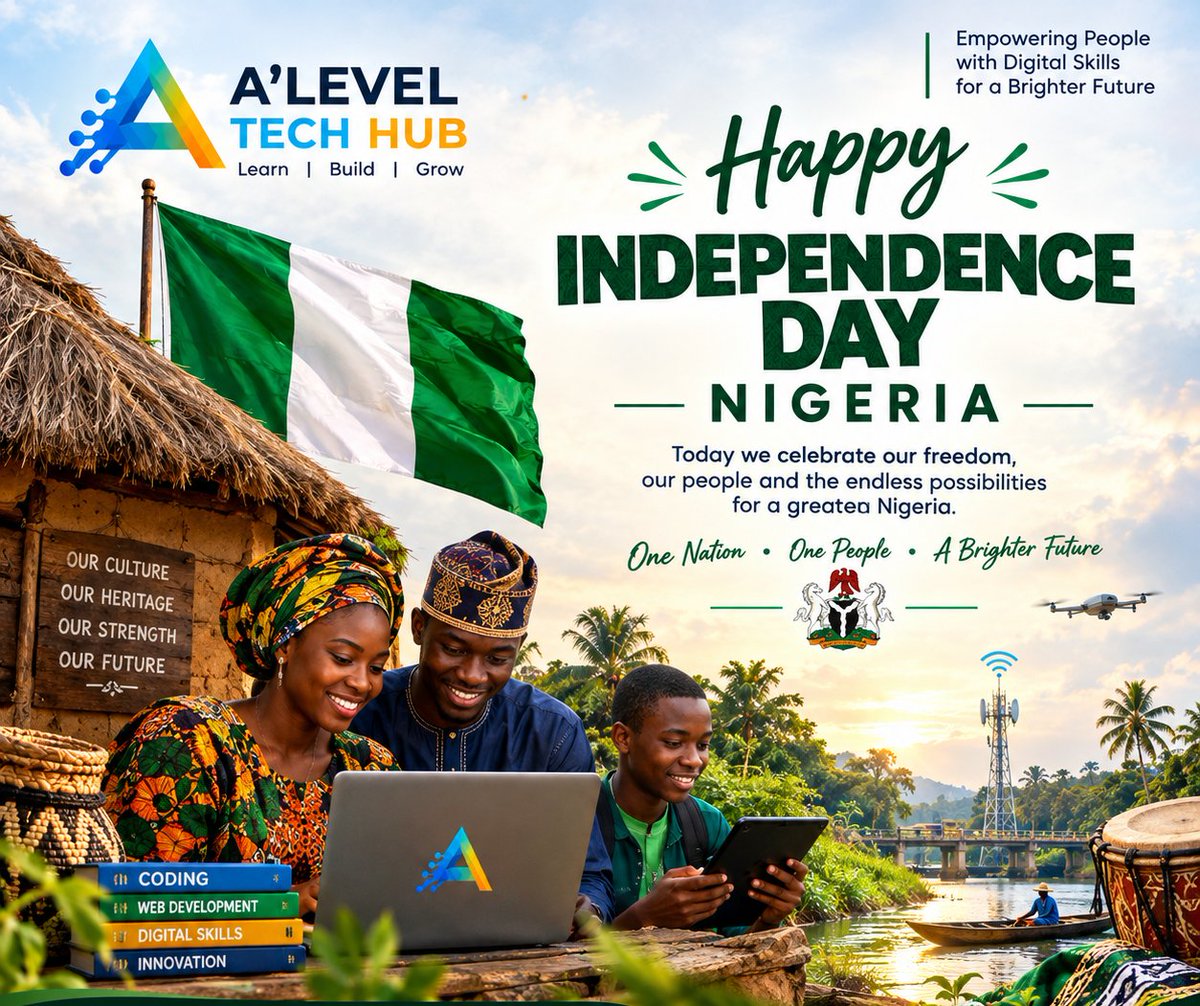 Smallingmuch's tweet photo. 🇳🇬Happy Independence Day, Nigeria!💚🤍💚

From our villages to our cities, from tradition to technology. Nigeria’s future is in our hands.

Let’s keep learning, building, creating, and growing. 

Here’s to a smarter, stronger, and more digitally empowered Nigeria!
 #NigeriaAt66 https://t.co/OVpQ7BIGDY