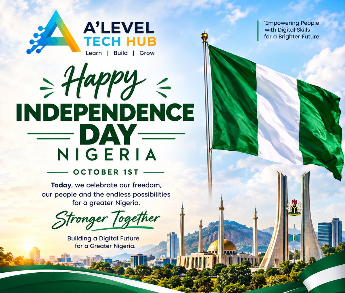 Smallingmuch's tweet photo. 🇳🇬Happy Independence Day, Nigeria!💚🤍💚

From our villages to our cities, from tradition to technology. Nigeria’s future is in our hands.

Let’s keep learning, building, creating, and growing. 

Here’s to a smarter, stronger, and more digitally empowered Nigeria!
 #NigeriaAt66 https://t.co/OVpQ7BIGDY
