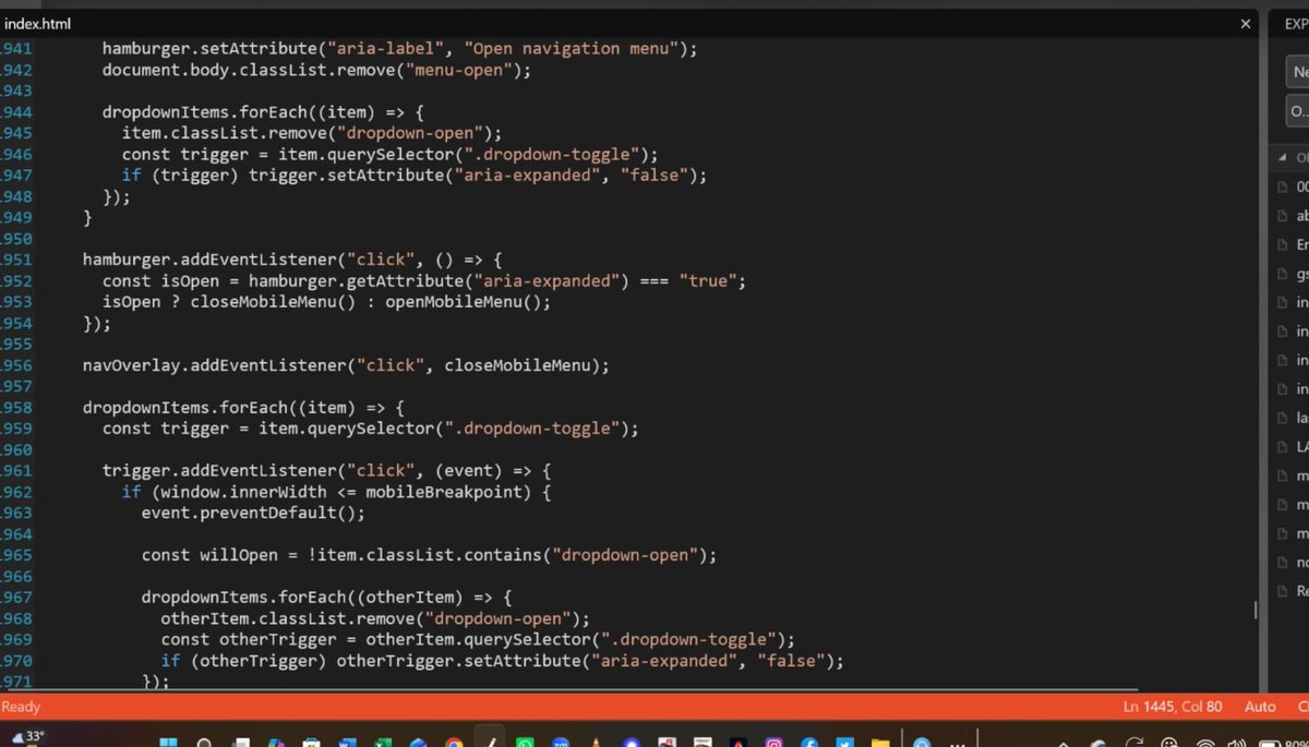 MashLanda's tweet photo. Clean, accessible mobile navigation logic.

​Handling hamburger toggles, dynamic ARIA attributes, and responsive dropdown state management in vanilla JS.

​Small details, smooth UX.  #webdev #javascript #frontend #code https://t.co/trnpCpdii5