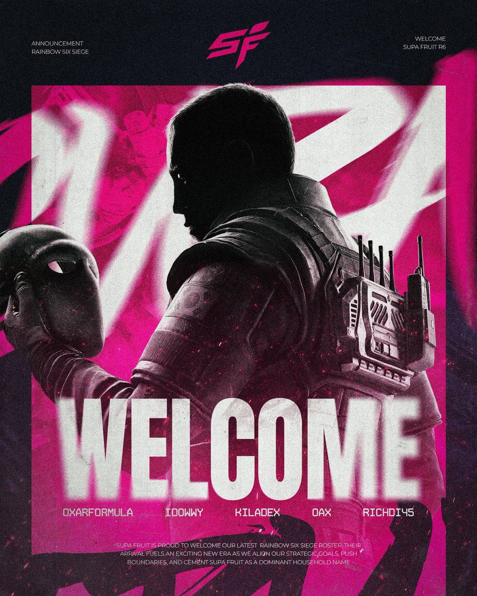 SupaFruitGG's tweet photo. 🚨 WELCOME TO SUPA FRUIT R6 🚨

Please welcome our brand new @SupaFruitGG roster 🍓

🎮 @OxarFormula 
🎮 @IdowwyFPS 
🎮 @Kiladex 
🎮 @oax1452209 
🎮 @Ruckus_LLR22 

NEW ERA. NEW FACES. 
MORE THAN A TEAM. 

#SupaFruit #R6 #RainbowSixSiege https://t.co/YKzFytxyUb