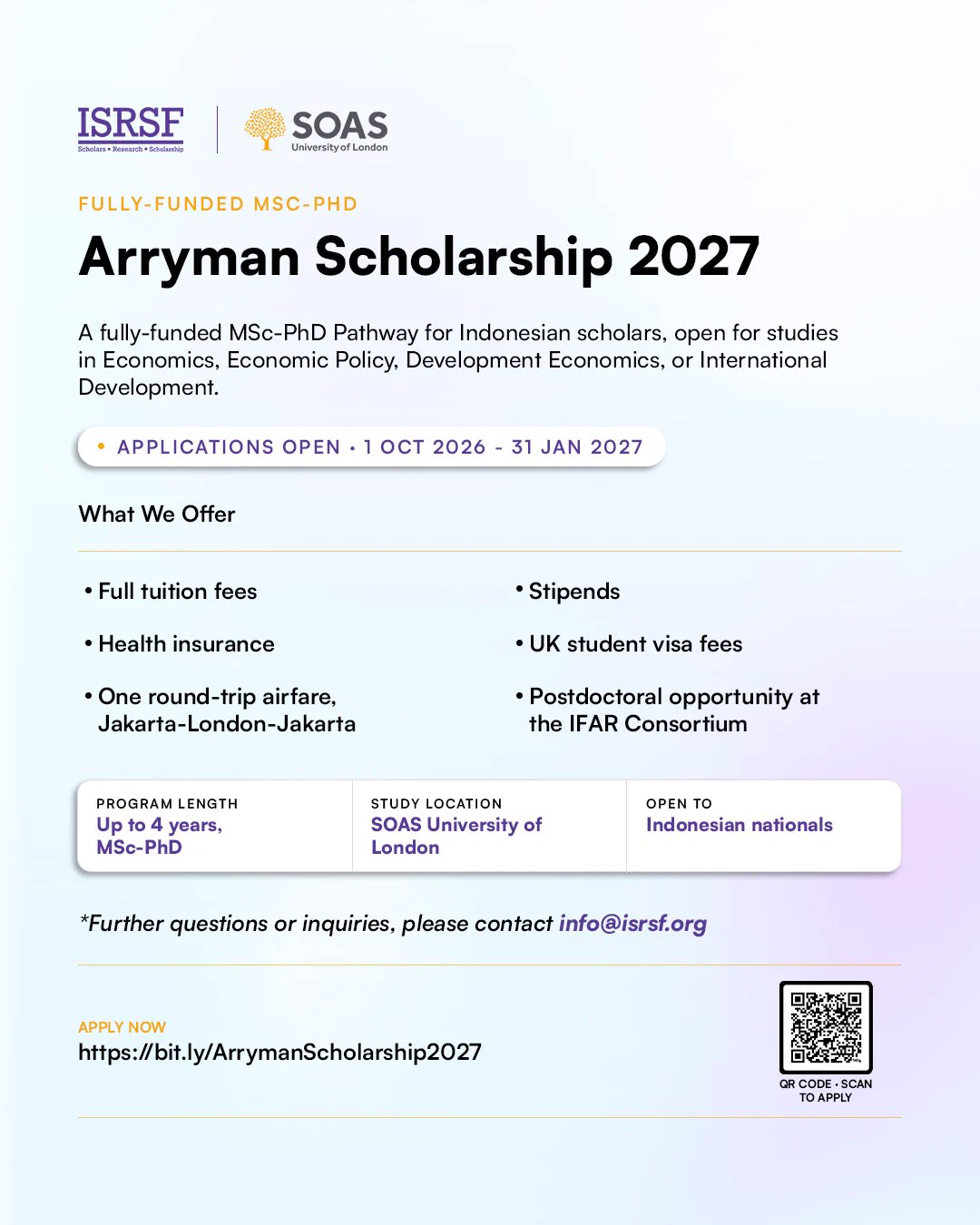 About the Scholarship
As part of our commitment to support Indonesian social scientists, we have established a new scholarship for Indonesian economists at SOAS University of London. Recipients of SOAS Arryman Scholarships will receive support for studies leading to a doctoral degree in economics, economic policy, development economics, or International Development.
Arryman Scholarship is designed as a continuous study pathway, supporting awardees from the Master’s level through to the completion of a PhD. It is therefore not offered as a stand-alone Master’s-only or PhD-only award.