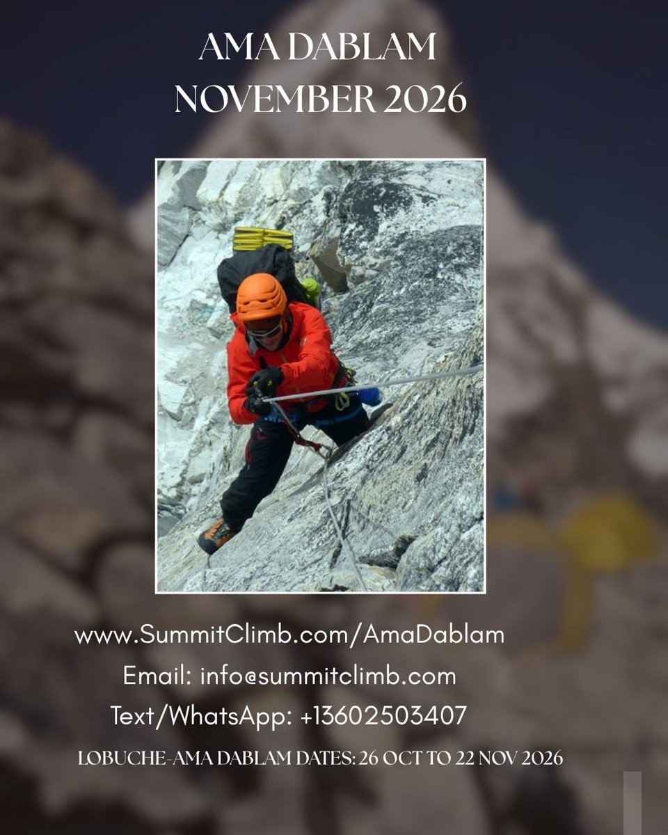 danielmazur's tweet photo. ποΈ Feel the mountain, live the dream! Climb Ama Dablam with Dan Mazur, expert Sherpas, Base Camp training, and personal support. π³π΅π§ββοΈβοΈ
#SummitClimb https://t.co/uyr8lujSIv