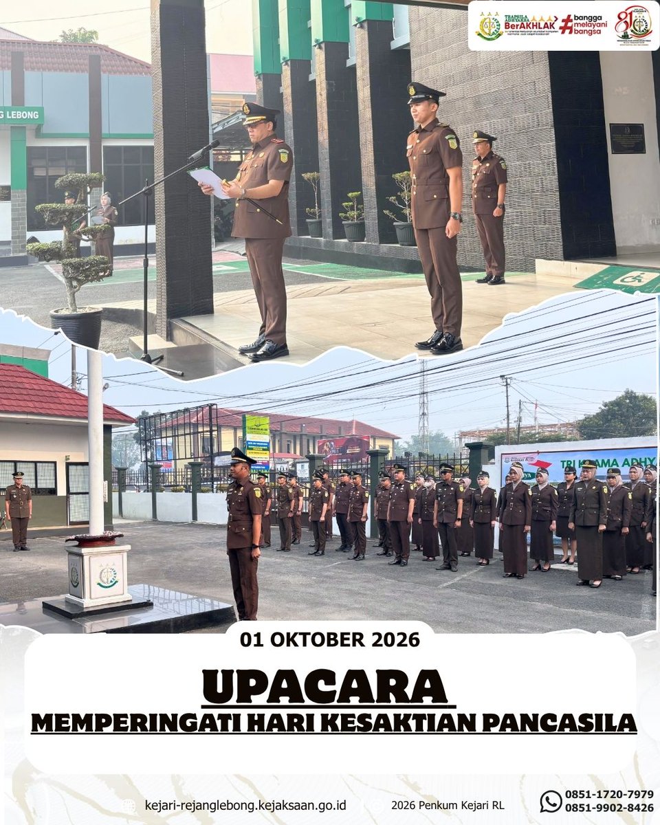 kejariRL's tweet photo. Kepala Kejaksaan Negeri Rejang Lebong, Bapak Bohal Parlambohan Lubis memimpin Upacara dalam Rangka Memperingati Hari Kesaktian Pancasila
01 Oktober 2026. https://t.co/atD6ADzwXw