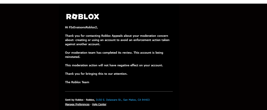 IRONCONQUESTOR's tweet photo. @Roblox My acc got linked to a banned acc while I was already banned I appealled and got accepted. Roblox said my activity didn’t break the rules and there are “no consequences” to my account. Yet I’m still banned from an Aug 12 ban. How does that make sense?#banwave https://t.co/xwkrfbqR7z