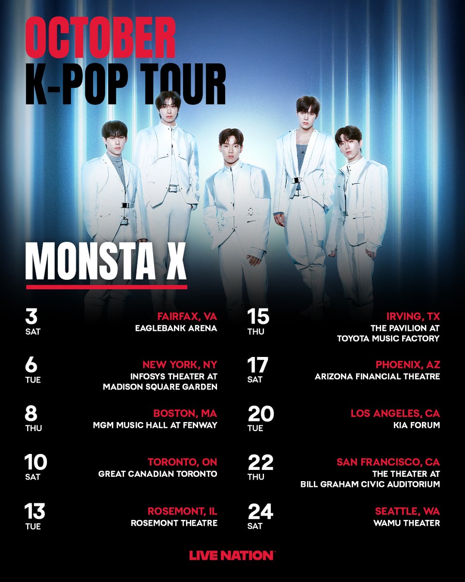 LiveNationKpop's tweet photo. Ready for October on tour? 🍂✨

#BTS #BTS_WORLDTOUR_ARIRANG
#KATSEYE #WILDWORLDTOUR
#MONSTAX #MONSTAX_THEX_NEXUS
#aespa #SYNK_COMPLaeXITY
#wavetoearth #thepiecestour
#ITZY #ITZY_TUNNELVISION
#BABYMONSTER #CHOOM
#YoungK #YOUNGEST
#SOJISUB #SOULMATETHETIMELESS https://t.co/LXbX3nDAtk