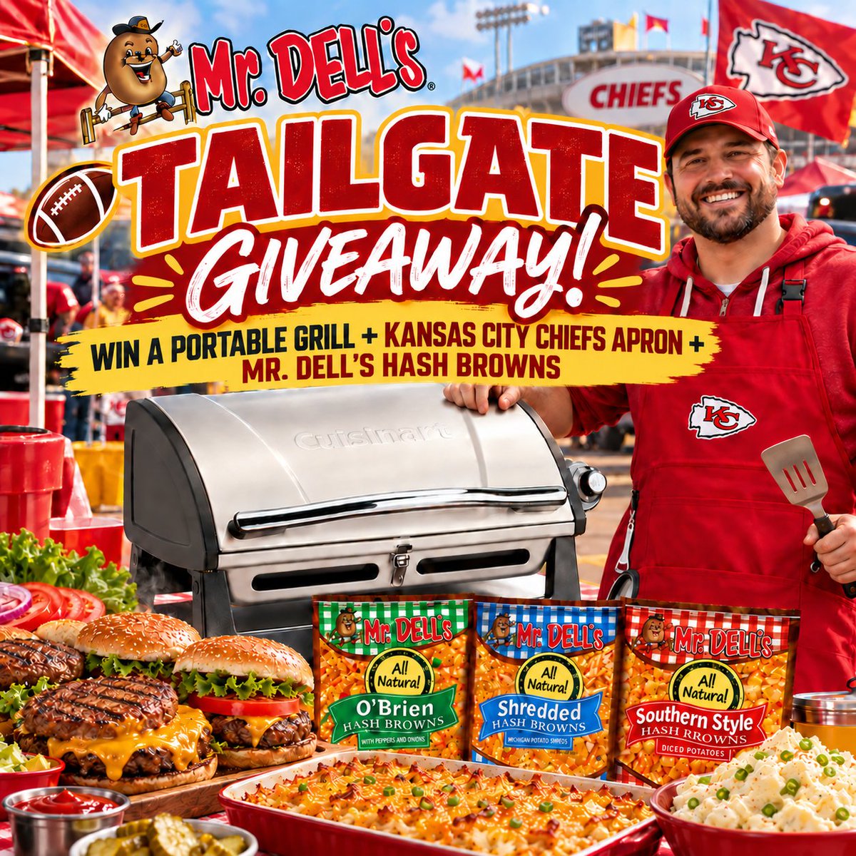 MrDellsTweets's tweet photo. 🏈 Game Day Grill Giveaway! Enter here: https://t.co/3x1scXXUIw to win a portable Cuisinart grill, Kansas City Chiefs apron &amp; Mr. Dell’s Hash Browns. 🥔 Enter via the form, follow @MrDellsTweets, like  &amp; share for an extra chance. Winner announced 10/24/26. U.S., 18+. #MrDells https://t.co/X79q3owRCV