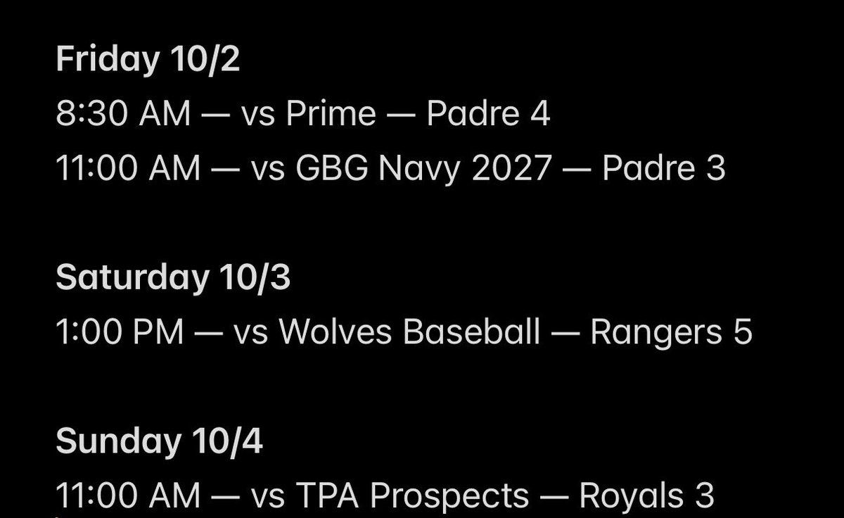 GeorgeFagundes0's tweet photo. Here is my schedule I will be playing for NorCal #20. I will be throwing in Game 3 out of the bullpen on Saturday 10/3 at 1pm on Rangers 5. 

I will be hitting all weekend!
@NorCalU1 
@NorCalBaseball https://t.co/bsJOBqZx4f