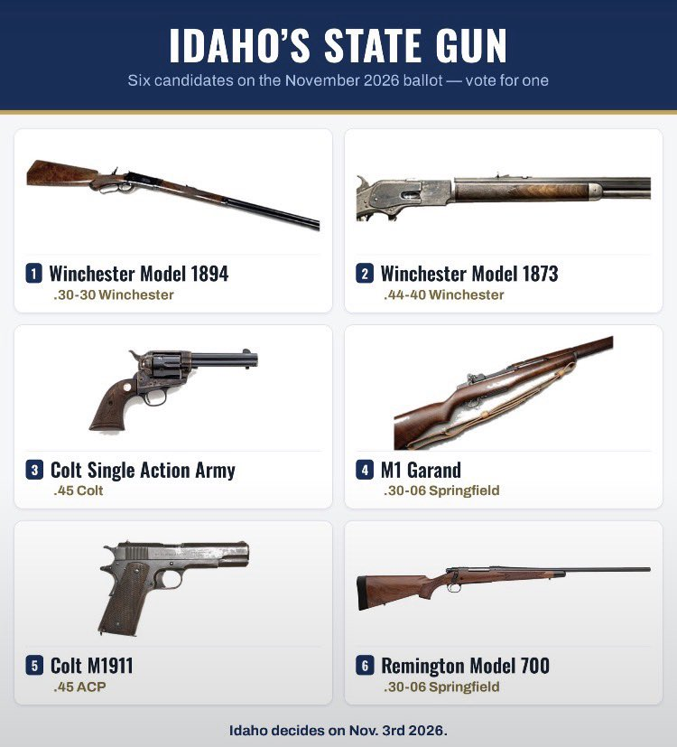 RealTheoWold's tweet photo. Since Idaho is cooler than your state, we have a ballot initiative this November to name our official state gun.

And my inbox has just been filled with people wondering which gun I plan to vote for.

I am proud today to announce that I will be voting for the Winchester .44-40.

Otherwise known as the gun that won the west!