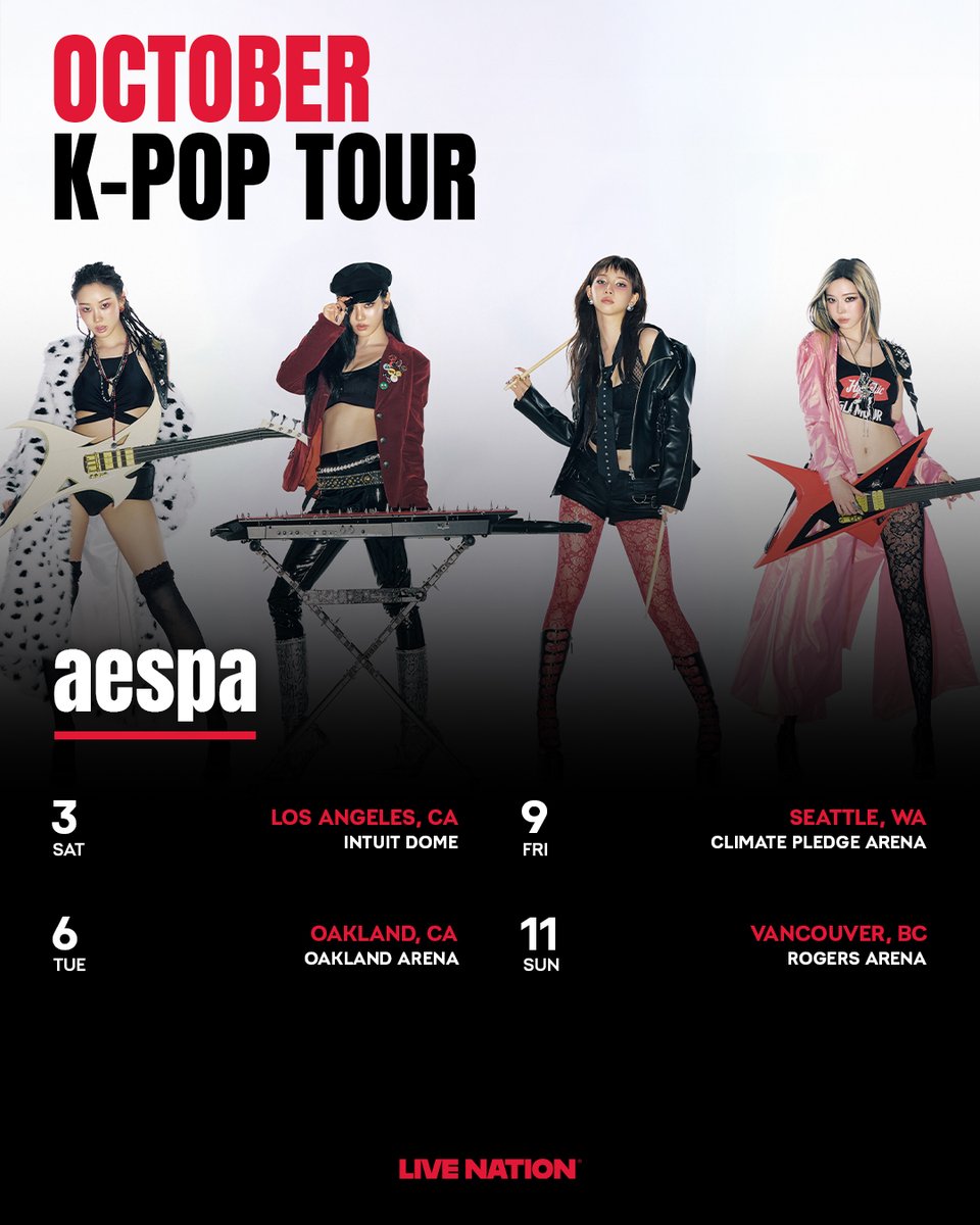 LiveNationKpop's tweet photo. Ready for October on tour? 🍂✨

#BTS #BTS_WORLDTOUR_ARIRANG
#KATSEYE #WILDWORLDTOUR
#MONSTAX #MONSTAX_THEX_NEXUS
#aespa #SYNK_COMPLaeXITY
#wavetoearth #thepiecestour
#ITZY #ITZY_TUNNELVISION
#BABYMONSTER #CHOOM
#YoungK #YOUNGEST
#SOJISUB #SOULMATETHETIMELESS https://t.co/LXbX3nDAtk