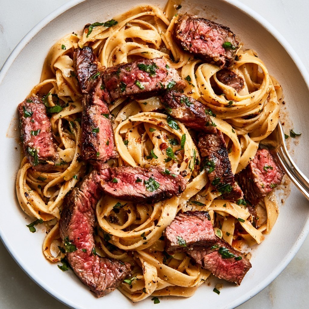 SpoonandSoul's tweet photo. GARLIC BUTTER STEAK FETTUCCINE DELIGHT 🥩🧄🍝
"Pure comfort on a plate"

Serves: 4
Ingredients:
400 g fettuccine
500 g sirloin or ribeye steak
250 g mushrooms, sliced
4 tbsp butter, divided
5 cloves garlic, minced
1 cup heavy cream
½ cup freshly grated Parmesan
½ cup reserved pasta water
1 tsp Italian seasoning
½ tsp black pepper
½ tsp salt, or to taste
2 tbsp fresh parsley, chopped
1 tbsp olive oil
Optional: pinch of red pepper flakes
Method
Cook the pasta:
 Boil fettuccine in salted water until al dente. Reserve ½ cup pasta water, then drain.
Sear the steak:
 Pat steak dry and season with salt, pepper, and Italian seasoning. Heat olive oil in a hot skillet and sear for about 3–4 minutes per side, depending on thickness and desired doneness. Rest for 5–10 minutes, then slice.
Cook the mushrooms:
 In the same skillet, add 1 tbsp butter and sauté mushrooms until golden and tender.
Make the garlic butter sauce:
 Lower the heat. Add the remaining butter and garlic. Cook for about 30 seconds until fragrant.
Pour in the cream and simmer gently for 2–3 minutes. Stir in Parmesan until smooth. Add a little reserved pasta water until the sauce reaches a silky consistency.
Combine: 
Toss the fettuccine through the sauce until beautifully coated.
Finish: 
Top with sliced steak, mushrooms, fresh parsley, extra Parmesan, and a sprinkle of red pepper flakes if desired.🥩🧄🍝