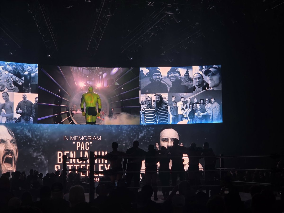 ATElitePod's tweet photo. The Deathriders in ring watching the tribute. Thank you again @ZacharyMWeiss #AEWDynamite #RIPPAC https://t.co/dfXEKpxnwp