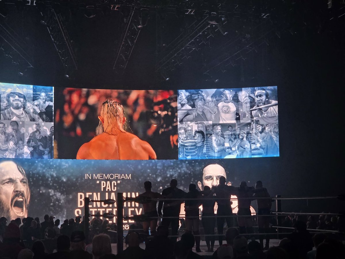 ATElitePod's tweet photo. The Deathriders in ring watching the tribute. Thank you again @ZacharyMWeiss #AEWDynamite #RIPPAC https://t.co/dfXEKpxnwp