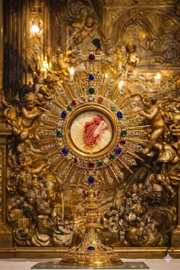 JustAdaugoijele's tweet photo. The Eucharistic Miracle of Legnica, Poland (2013)

On Christmas Day 2013, at St. Hyacinth’s Shrine in Legnica, a consecrated Host fell to the floor during Communion. It was placed in holy water to dissolve per Church custom.
After about two weeks, the Host had not fully dissolved. A red spot appeared on its surface, later identified as human heart muscle tissue showing signs of agony. DNA tests confirmed it was human. 

In 2016, Bishop Zbigniew Kiernikowski officially recognized it as a Eucharistic miracle with “the hallmarks” of a supernatural event. The relic is now venerated in a golden monstrance at the shrine, drawing pilgrims worldwide. 

It is seen as a sign affirming the Real Presence of Christ in the Eucharist.