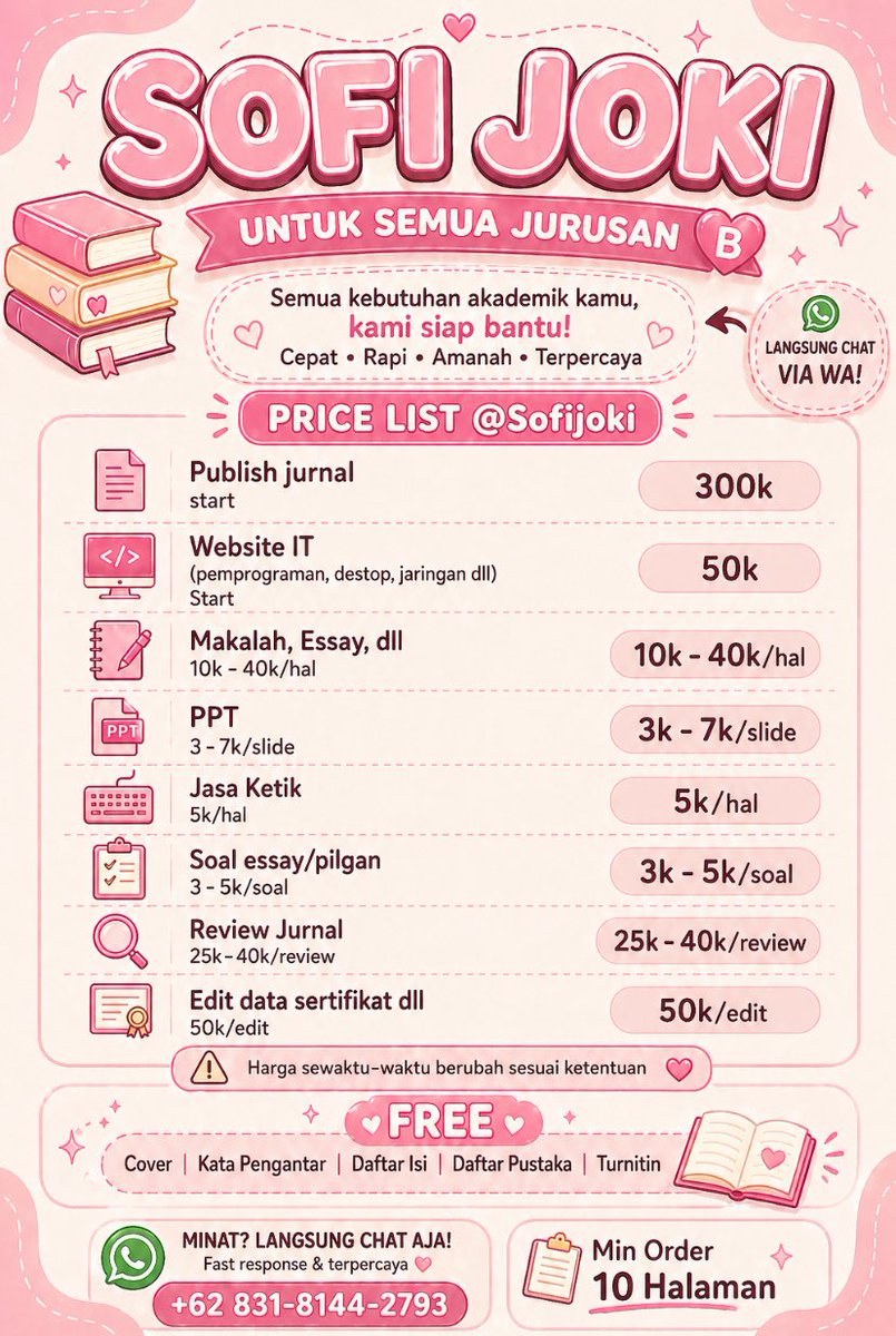 Sofijokii's tweet photo. 🔆OPEN JOKI ALL TUGAS🔆
Skripsi, Proposal/Makalah, Revisi, PPT dll
https://t.co/8ixvqeQhHR…

 #zonauang #joki #jokitugas #zonajoki https://t.co/UtZJLmnDdp