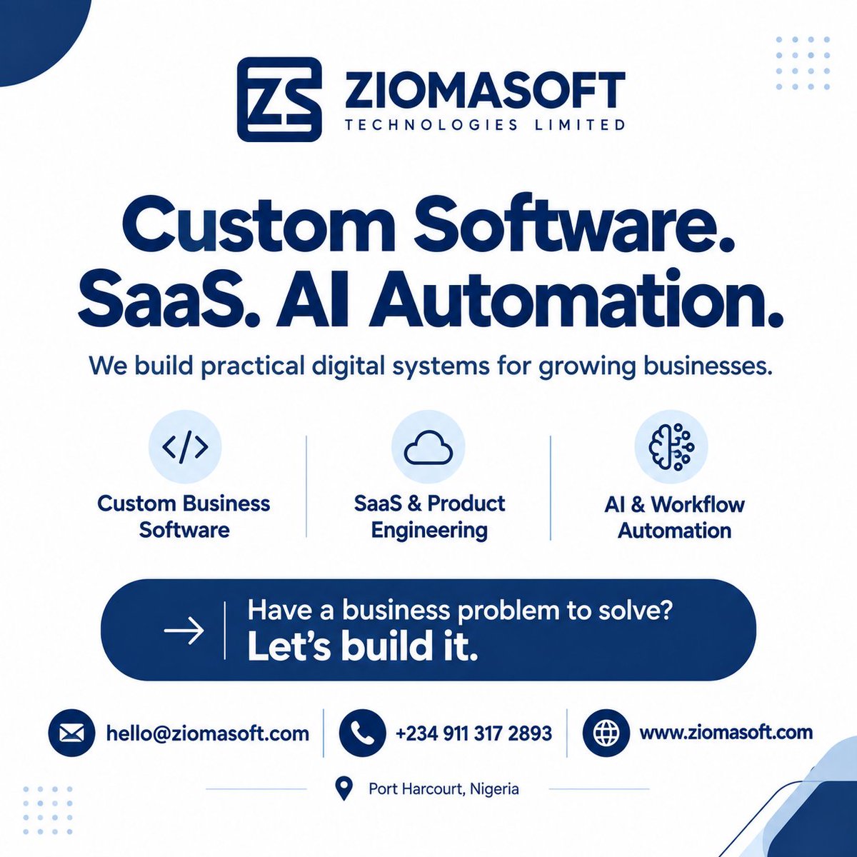 OfficialOzioma's tweet photo. Got a business idea but not sure how to turn it into a working product?

Ziomasoft Technologies builds custom software, SaaS products and AI solutions that help businesses work better and grow.

Have something in mind? Let's talk.

 hello@ziomasoft.com
 https://t.co/lOxb5Yv0Hj https://t.co/UGIZRFJHXL