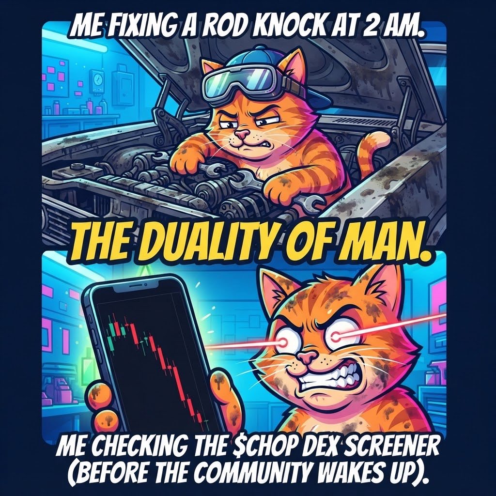 chop_sol's tweet photo. They told me to "get a real job" so I became a $CHOP mechanic. 🛠️🐱 https://t.co/IpZwILXrwV