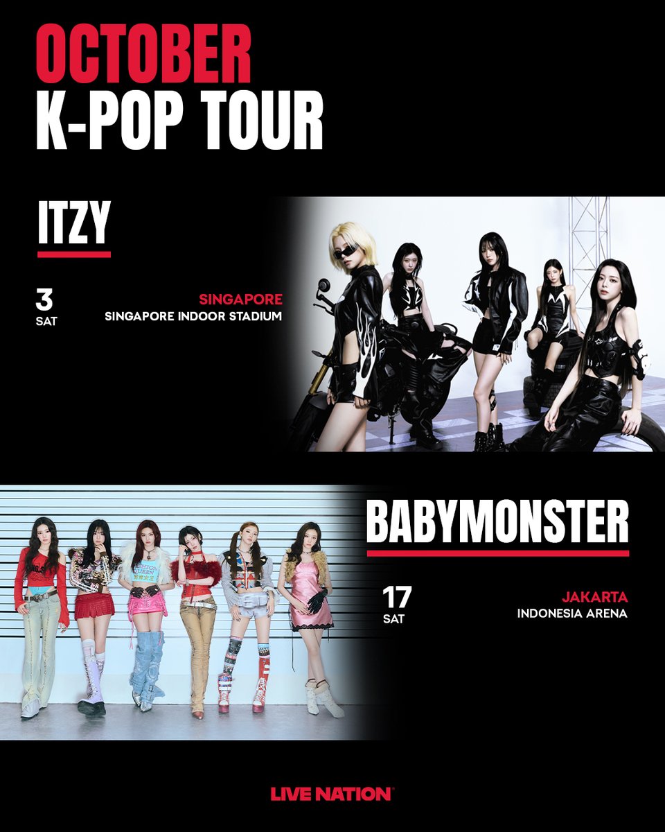 LiveNationKpop's tweet photo. Ready for October on tour? 🍂✨

#BTS #BTS_WORLDTOUR_ARIRANG
#KATSEYE #WILDWORLDTOUR
#MONSTAX #MONSTAX_THEX_NEXUS
#aespa #SYNK_COMPLaeXITY
#wavetoearth #thepiecestour
#ITZY #ITZY_TUNNELVISION
#BABYMONSTER #CHOOM
#YoungK #YOUNGEST
#SOJISUB #SOULMATETHETIMELESS https://t.co/sYDAp8lFw3
