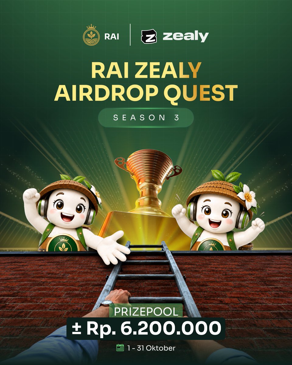 raitokenio's tweet photo. RAI ZEALY AIRDROP QUEST — SEASON 3 🌴
From Farm to Chain • Trace It. Trust It. Grow It.

🎁 TOTAL PRIZE POOL: $350
🏆 350 WINNERS — EVERYONE CAN WIN!

Raizens, Season 3 kicks off on October 1, 2026! There are 350 winning slots, so you don't have to take the top spot to get a prize. Just stay active, complete quests, collect XP, and secure your place on the leaderboard 💚

📋 HOW TO JOIN
1️⃣ Open the RAI Zealy page 👉 https://t.co/Z9OozrWToN
2️⃣ Connect your wallet & X account
3️⃣ Complete daily, weekly, and referral quests
4️⃣ Collect XP and climb the leaderboard 🚀

Check the details here: https://t.co/qli9ZyRtC7

📅 Period: October 1–31, 2026
📸 Snapshot: October 31, 2026, 23:59 WIB
⚠️ 1 person = 1 Zealy account = 1 wallet. Multi-accounts & bots = disqualification.
💚 Prizes are a token of community appreciation, distributed in RAI Tokens equivalent to $350. The Rupiah value is an estimate.

Let's go starting October 1st, Raizens! 🌴