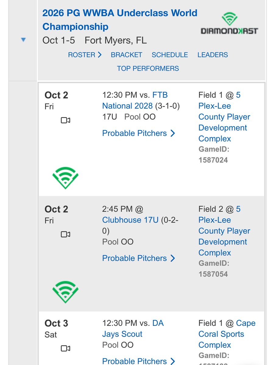 AlmazanMason's tweet photo. This is my schedule for the 2026 PG WWBA Underclass World Championship, Fort Myers. 
My team is in pool OO
👉 10/2 Game 1 
📍Field 1 (Plex-Lee County Player Development Complex)
⏰12:30PM ET
👉 10/2 Game 2
📍Field 5 (Plex-Lee County Player Development Complex)
⏰2:45PM ET
👉 10-3 Game 3
📍Field 1 (Cape Coral Sports Complex)
⏰12:30PM ET