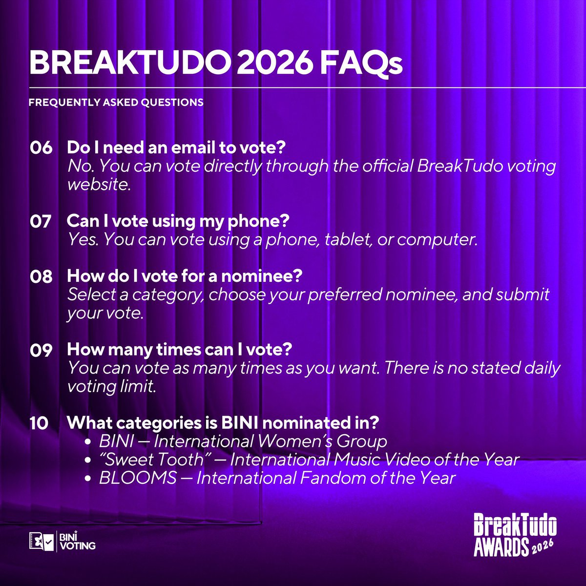 BiniMikhaOFC's tweet photo. Hayo, Blooms!

BINI is nominated at the BreakTudo Awards 2026! 🏆

Now’s our chance to show our support and help our girls make every vote count! :)

Check out the @BINIVotingTeam’s guide below for everything you need to know about the voting process, BINI’s nominations, and how you can cast your votes. 

🗳️ https://t.co/MRa9jEk5mj 🗓️ Voting is open until October 17, 2026

#BINI @BINI_ph