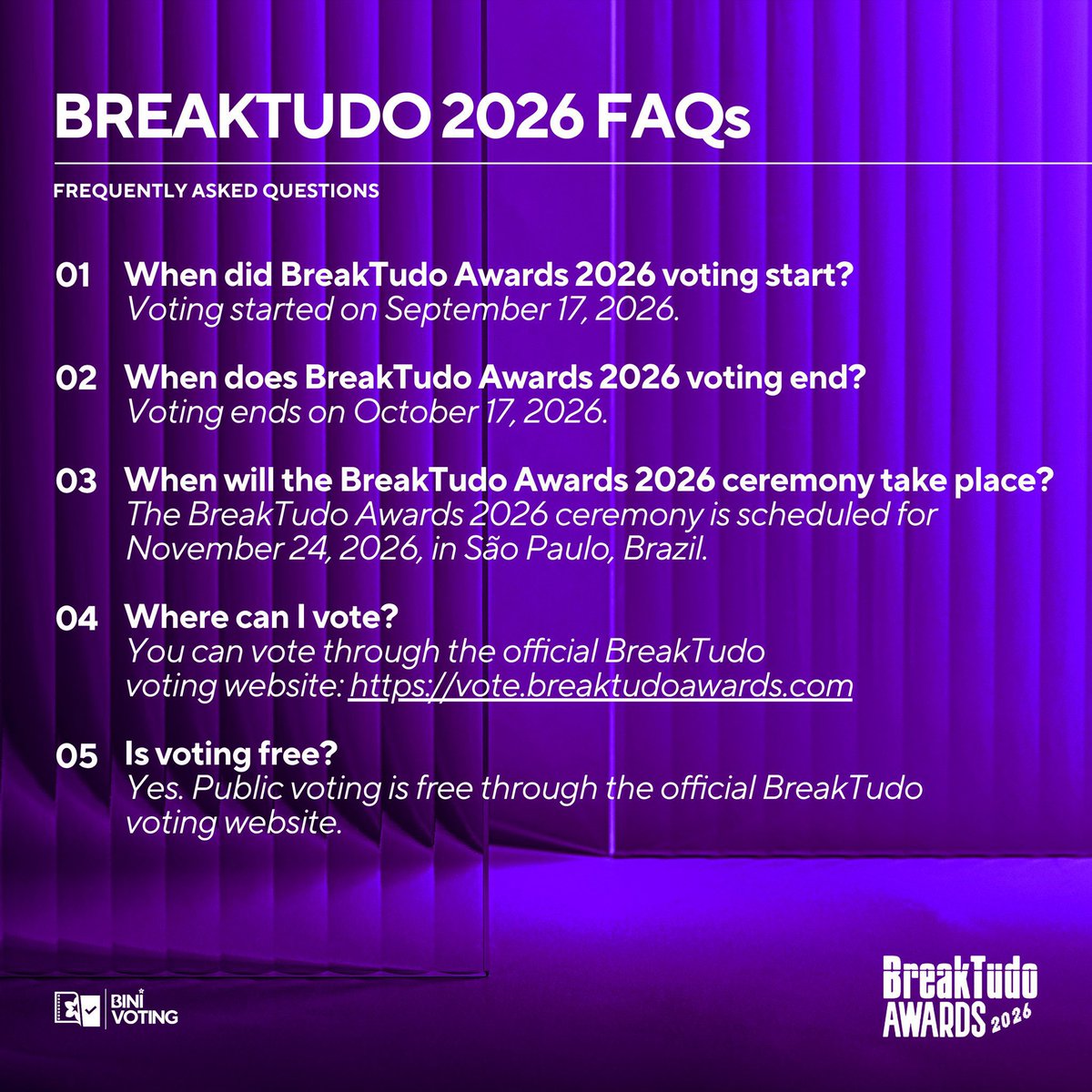 BiniMikhaOFC's tweet photo. Hayo, Blooms!

BINI is nominated at the BreakTudo Awards 2026! 🏆

Now’s our chance to show our support and help our girls make every vote count! :)

Check out the @BINIVotingTeam’s guide below for everything you need to know about the voting process, BINI’s nominations, and how you can cast your votes. 

🗳️ https://t.co/MRa9jEk5mj 🗓️ Voting is open until October 17, 2026

#BINI @BINI_ph