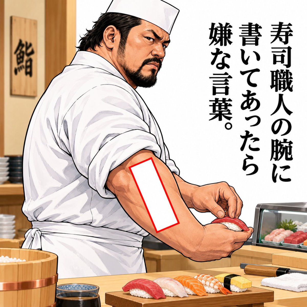 Ogiribot's tweet photo. 【お題】
寿司職人の腕に書いてあったら嫌な言葉 https://t.co/0kSqqmgTN7