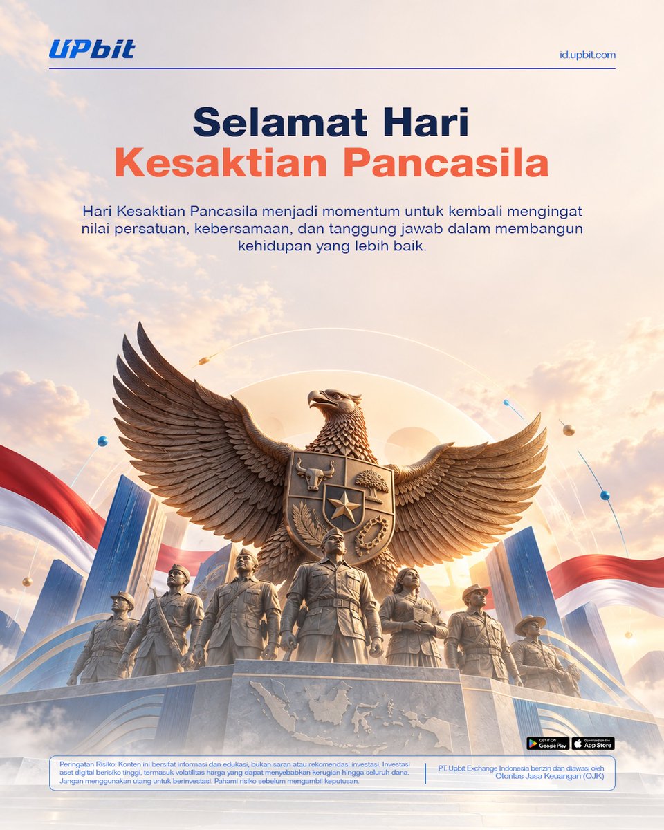 UpbitID's tweet photo. SELAMAT HARI KESAKTIAN PANCASILA 🇮🇩

Pancasila bukan sekadar nilai yang kita pahami, tetapi juga pedoman yang tercermin dalam sikap dan tindakan kita sehari-hari.

Mari jadikan Hari Kesaktian Pancasila sebagai momentum untuk menjaga persatuan di tengah perbedaan, memperkuat kepedulian, dan menerapkan nilai-nilai Pancasila dalam kehidupan bersama.

🇮🇩 Bersatu dalam perbedaan, tumbuh bersama dalam kebersamaan.

👉 Pelajari & Refleksikan.

#UpbitID #HariKesaktianPancasila #Pancasila #PersatuanIndonesia #GotongRoyong #Kemanusiaan #Refleksi #Indonesia #NilaiPancasila