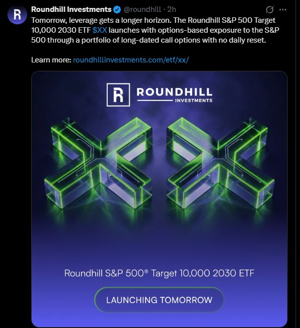🎰 $XX: Roundhill just listed a 3-year lottery ticket on the S&P 500 🚀

Launching tomorrow: the Roundhill S&P 500 Target 10,000 2030 ETF ($XX). The pitch is si
