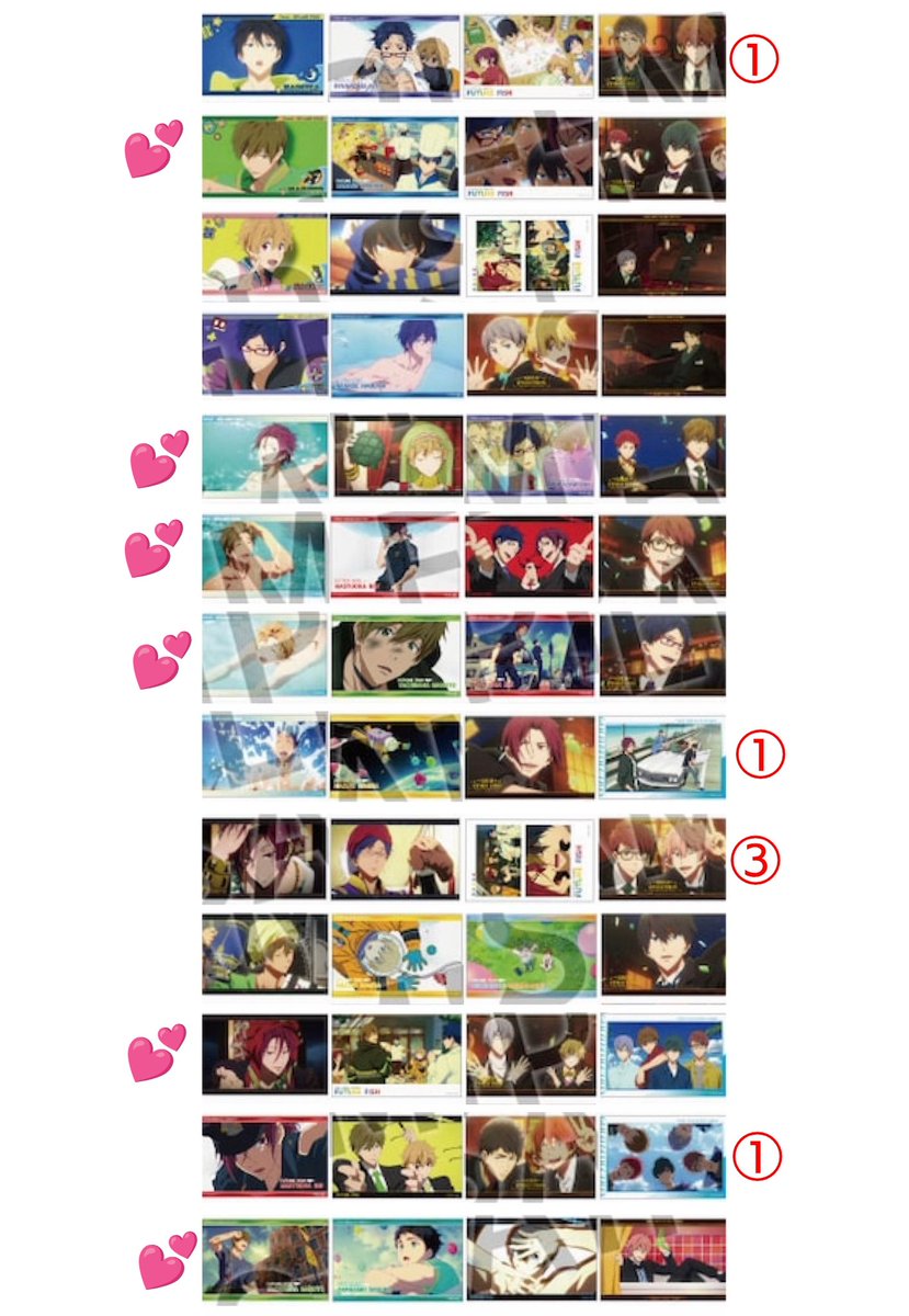 nino_actor's tweet photo. 【交換】  Free! ブロマイドコレクション Ending Scene

【譲】
数字がセットの所持数

【求】
💕のセットを各1

コンプ目的で横1列4枚セットでの交換です。
10/10(土)〜10/12(月)の岩美・鳥取で手渡しのお取引になります。
お気軽にお声掛け下さい。 https://t.co/ZjaqnTpg0g