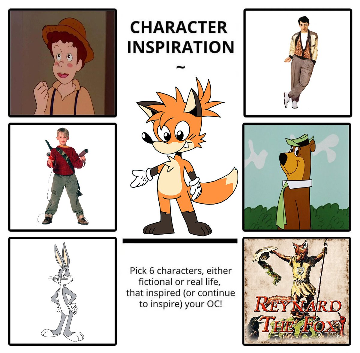 AutoJohnny's tweet photo. I want to share some of my inspirations for my webcomic characters starting with Kenny! 
 #furry #OC #webcomic #digitalart #cartoon #ArtistOnTwitter #artistsontwitter

LEFT: 
Tom Sawyer 
Kevin McCallister (Home Alone) 
Bugs Bunny (Looney Tunes) 

 RIGHT: 
Ferris Buller (Ferris Buller's Day Off) 
Yogi Bear (Yogi Bear)
 Reynard the Fox
