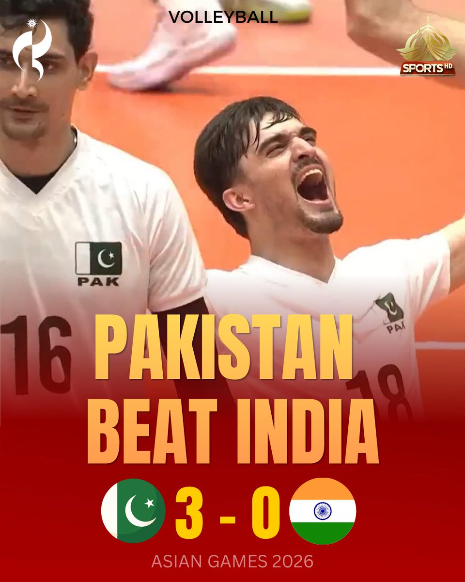 PTVSp0rts's tweet photo. A dominant straight-sets win over the arch-rivals!
Pakistan defeated India 3-0 in the volleyball quarterfinal 19-25, 23-25, 18-25
Huge statement from the Green Shirts! 💚

#AsianGames2026 #PAKvIND #TeamPakistan #Volleyball https://t.co/JYTNTOtvwQ