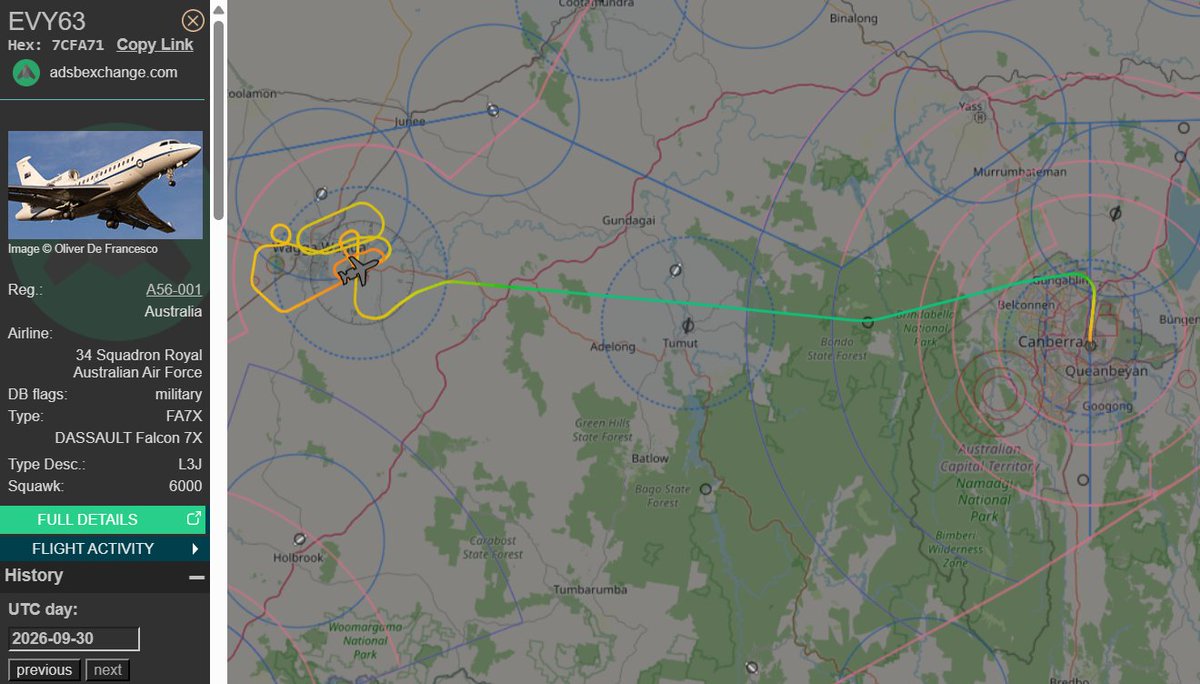 raaf_vip's tweet photo. Including air-work before landing yesterday afternoon.

Dassault Falcon 7X // A56-001 // Envoy 63

Route: Canberra (CBR) - Wagga Wagga (WGA)
🛫: 02:25 UTC on 30/09/2026
🛬: 03:18 UTC

#RAAF #AusAirForce #A56001 #RAAFWagga https://t.co/OQP012dJyB