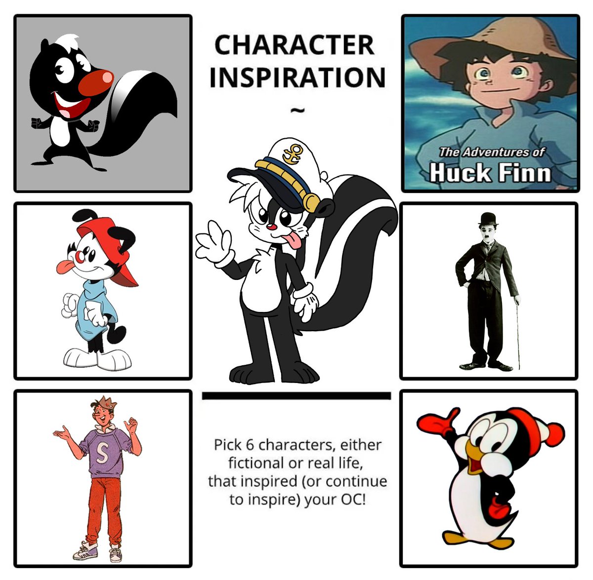AutoJohnny's tweet photo. Next up is the inspirations for Stinky
#furry #OC #webcomic #digitalart #cartoon #ArtistOnTwitter #artistsontwitter

LEFT:
Skunk (Skunk Fu)
Wacko Warner (Animaniacs)
Jughead Jones (Archie)

RIGHT:
Huckleberry Finn 
The Little Tramp (Charlie Chaplin)
Chilly Willy (Lantz/Universal)