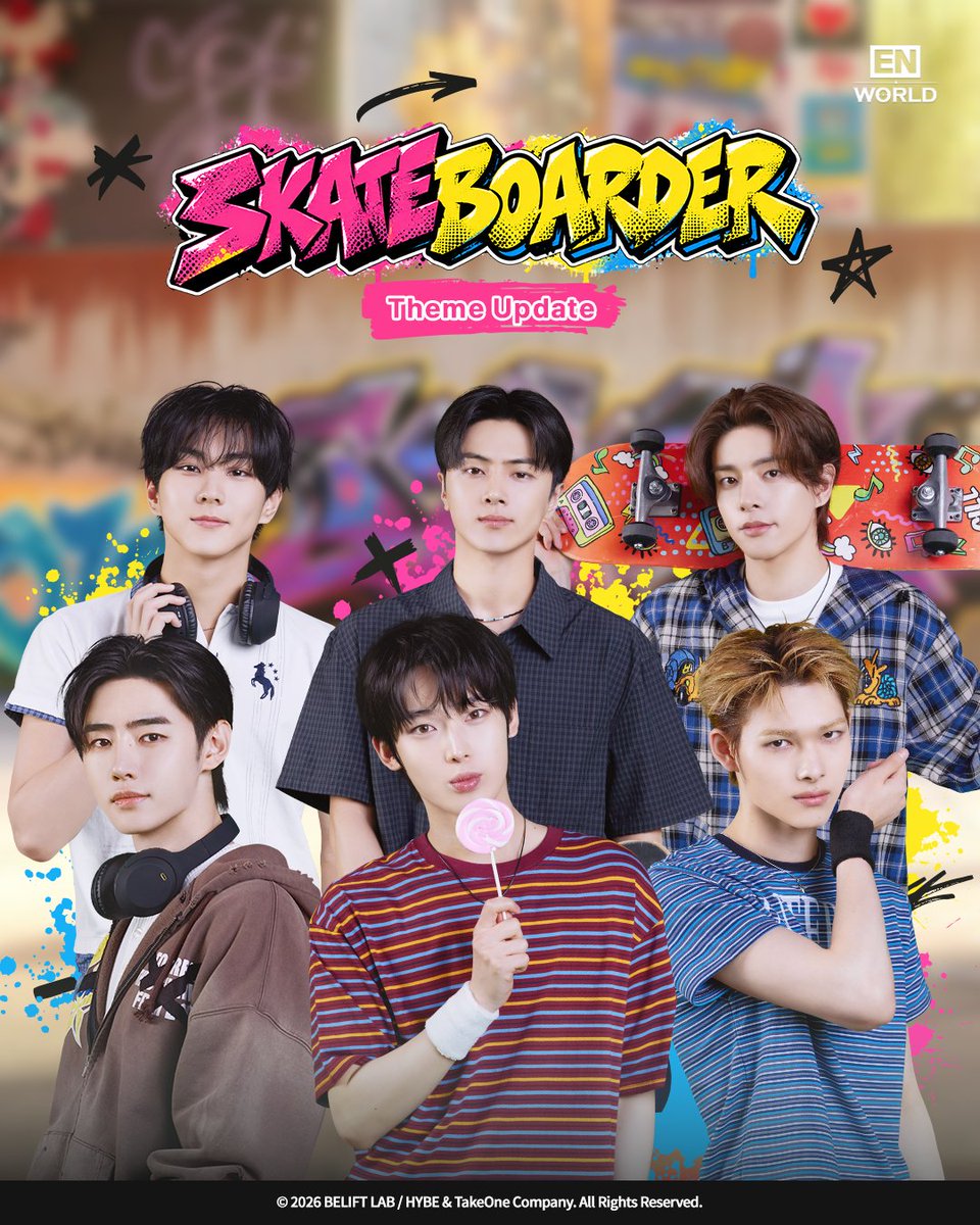 ENHYPENWORLD_X's tweet photo. 🛹 Update Notice

Introducing new 'Skateboarder' theme, cutting through the cool breeze!
Stay tuned for the upcoming 1st anniversary of ENHYPEN WORLD 👀

Details 👉 https://t.co/WBsLOjson5

🎮Download Now
https://t.co/KgDc7J0RdK

#ENHYPENWORLD #엔하이픈월드
#ENHYPEN #엔하이픈 https://t.co/2fx0Nji9G4