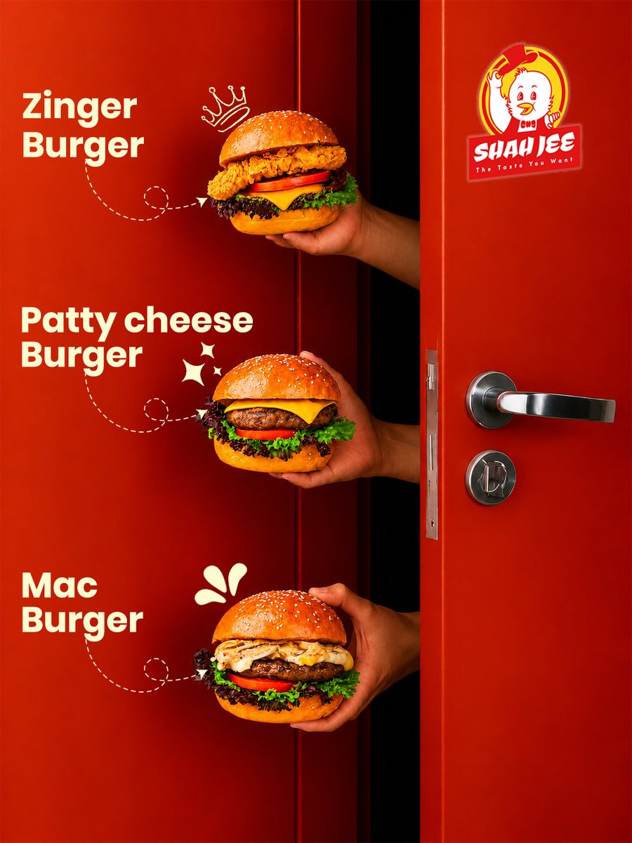 TheoSchwalrm's tweet photo. Three burgers. Three cravings. One place to satisfy them all. Crispy Zinger, cheesy Patty Cheese, or loaded Mac Burger—which one are you choosing today? Jaranwalan Bazar, Shahkot
+92 305 8880785
+92 326 6215008 https://t.co/aHtu6bzC3N