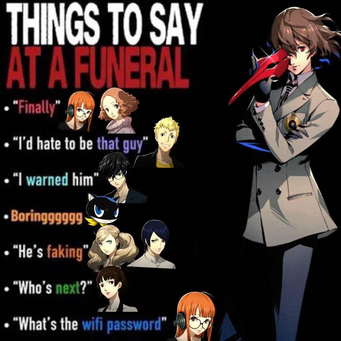 winteryournight's tweet photo. saw a p3 version of this and wanted to make a p5 one cause a lot of these responses fit the p5 cast multiple times lowkey 😭 https://t.co/SaHgTe8OBC