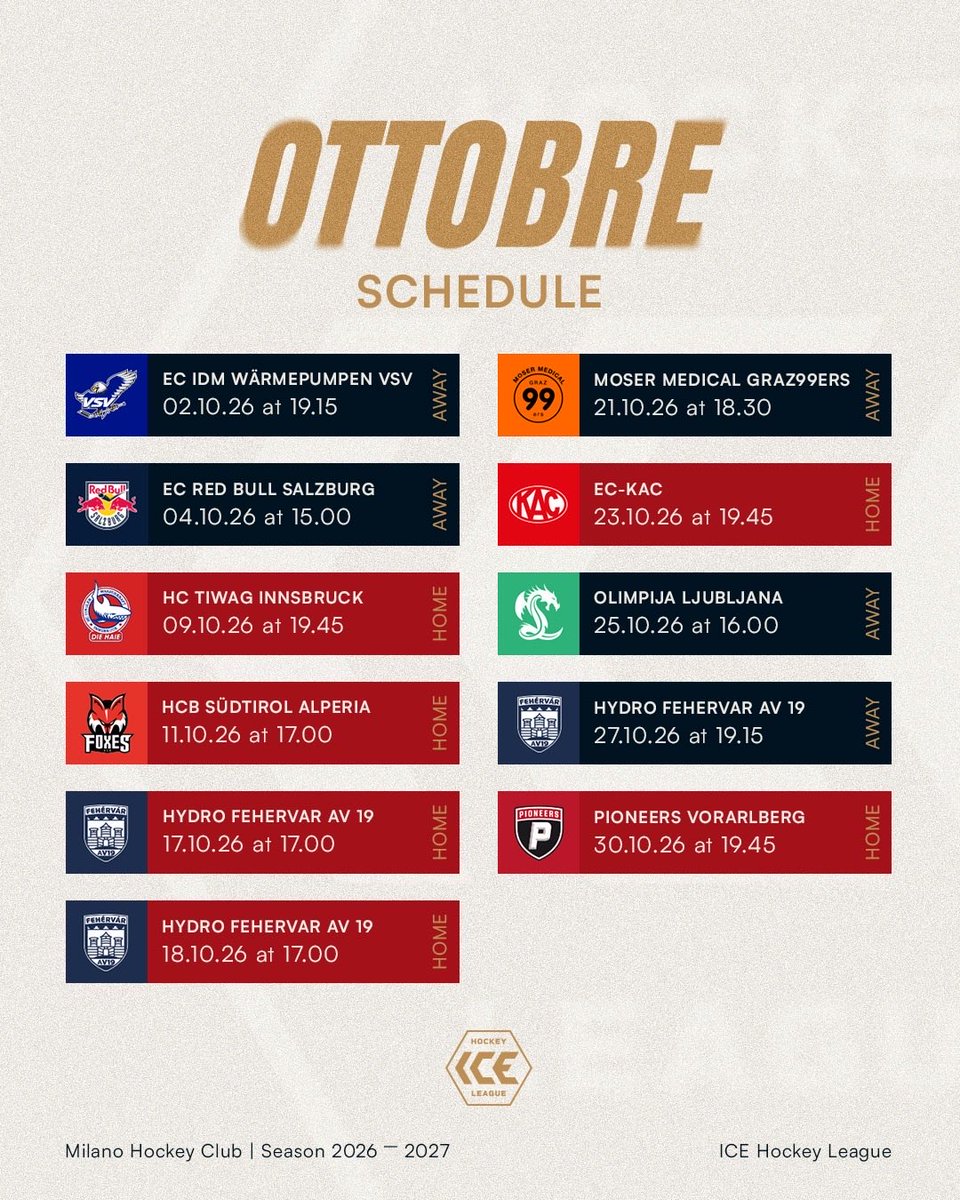 MilanoHockey's tweet photo. 𝐎𝐓𝐓𝐎𝐁𝐑𝐄🏒
Nuove sfide, nuova energia, stessa fame.
A rendere indimenticabile questo mese sarà anche l’esordio nella nostra nuova casa, la #FieraIceArena.
Road to... 9/10!
𝐋𝐄𝐓’𝐒 𝐆𝐎 𝐌𝐈𝐋𝐀𝐍𝐎! 🔥❤️💙
#MilanoHockeyClub #HomeOfHeroes #ICEHockeyLeague https://t.co/yR8d1sScNB