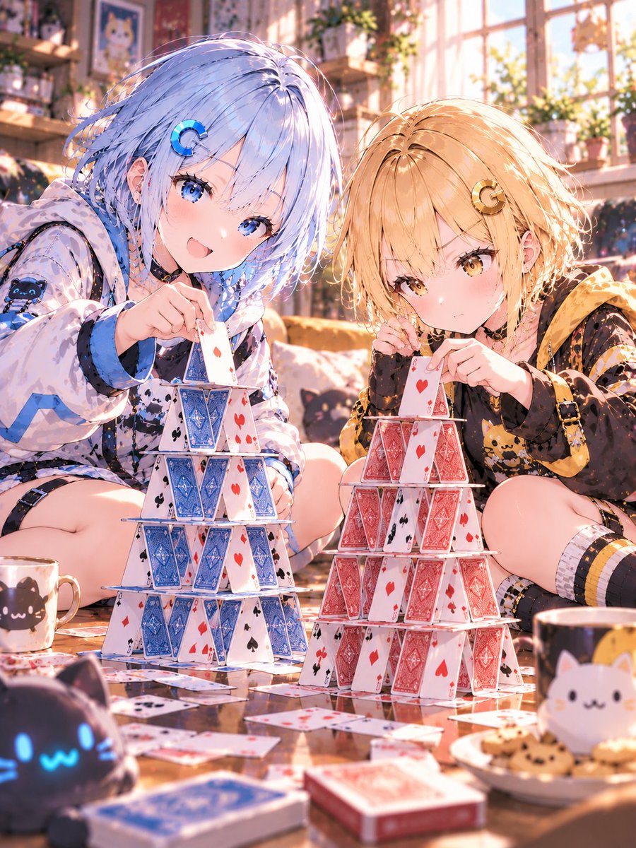 ExplodeV64267's tweet photo. どっちが高く積めるかな？🃏✨
慎重にカードを重ねるろっきーに対して、チャッピーも負けじと挑戦中！
果たして最後まで崩さず完成できるのは……！？😆💙💛
#AIイラスト #AIart #チャッピー #ろっきー #ChatGPT #Grok #AI少女 #トランプタワー https://t.co/g1GMuOfp0c