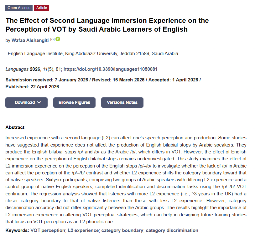 Languages_MDPI's tweet photo. Can immersion change how we hear a second language?
📃The Effect of Second Language Immersion Experience on the Perception of VOT by Saudi Arabic Learners of English
✏️By Wafaa Alshangiti
https://t.co/BVQrOpQtUJ
#LanguagesMDPI #Linguistics #LanguageImmersion #SpeechPerception https://t.co/eWpKSBWKFF