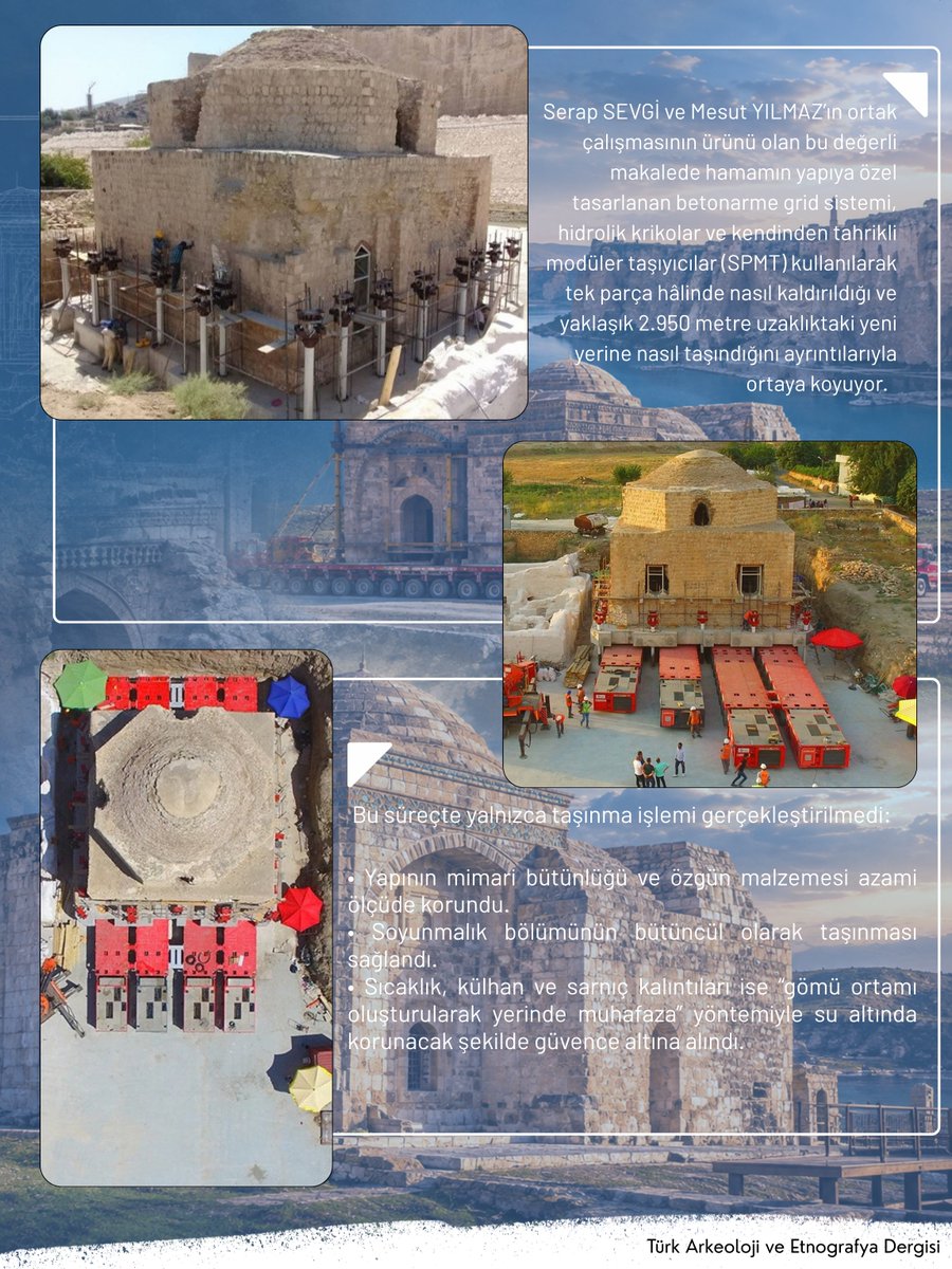 taedergisi's tweet photo. Hasankeyf Artuklu Hamamı: Tarihi Bir Yapının Taşınarak Korunma Hikâyesi 🔖

Kültürel mirasın korunması her zaman bulunduğu yerde mümkün olmayabilir. Bazen bir yapıyı yaşatmanın tek yolu, onu bilimsel yöntemlerle yeni yerine taşımaktır. Hasankeyf Artuklu Hamamı’nın taşınması, Türkiye’de kültür varlıklarının korunması tarihinde mühendislik ile koruma biliminin birlikte ürettiği en önemli uygulamalardan biri olarak öne çıkmaktadır.

Hasankeyf’te, Ilısu Barajı Projesi nedeniyle su altında kalma riski bulunan Artuklu Hamamı, Türkiye’de ilk kez uygulanan strüktürel bütüncül taşıma yöntemi ile özgün mimari kimliği korunarak Arkeopark’taki yeni konumuna taşındı. Mimari koruma ile ileri mühendislik teknolojilerinin bir araya geldiği bu önemli uygulamayı ayrıntılarıyla ortaya koyan çalışma, dergimizin 84. sayısında “Hasankeyf Artuklu Hamamı Koruma ve Kurtarma (Taşıma) Uygulama Çalışmaları” başlıklı makale ile okuyucularla buluştu.

Serap SEVGİ ve Mesut YILMAZ’ın ortak çalışmasının ürünü olan bu değerli makale; hamamın yapıya özel tasarlanan betonarme grid sistemi, hidrolik krikolar ve kendinden tahrikli modüler taşıyıcılar (SPMT) kullanılarak tek parça hâlinde nasıl kaldırıldığını ve yaklaşık 2.950 metre uzaklıktaki yeni yerine nasıl taşındığını ayrıntılarıyla ortaya koyuyor. Bu süreçte yalnızca taşınma işlemi gerçekleştirilmedi:

📌 Yapının mimari bütünlüğü ve özgün malzemesi azami ölçüde korundu.
📌Soyunmalık bölümünün bütüncül olarak taşınması sağlandı.
📌Sıcaklık, külhan ve sarnıç kalıntıları ise “gömü ortamı oluşturularak yerinde muhafaza” yöntemiyle su altında korunacak şekilde güvence altına alındı.

Bu çalışma, Hasankeyf’te geliştirilen taşıyarak koruma yöntemlerinin yalnızca bir kurtarma operasyonu olmadığını; kültürel mirasın özgün malzemesini, yapım tekniğini ve mekânsal bütünlüğünü birlikte korumayı hedefleyen disiplinlerarası bir koruma modeli olduğunu gösteriyor.

https://t.co/DdFcqtaogi

#Hasankeyf #ArtukluHamamı #KültürelMiras #Restorasyon #TürkArkeolojiveEtnografyaDergisi