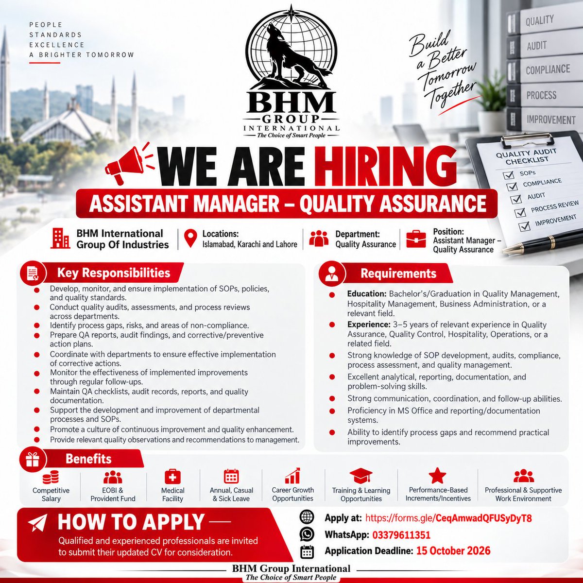 BHMGroupofind's tweet photo. We Are  #Hiring!
• AM – Quality Control
• AM – Quality Assurance
• AM – Internal Auditor

Locations: Islamabad | Lahore | Karachi

Apply Now: https://t.co/HYzsKXfVce
WhatsApp: +92 337 9611351
Application Deadline: 15 October 2026

#WeAreHiring #hiringnow #careeropportunities https://t.co/k50IfDvPeb