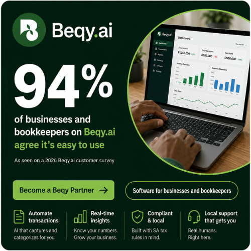 Beqyai's tweet photo. 94% of businesses and bookkeepers on Beqy agree it's easy to use.* Automated transactions, real-time insights, SA tax compliance, and local support that actually gets you.

Software for businesses and bookkeepers alike.

Become a Beqy Partner → @Beqy.ai 

#Beqy #FinTechAfrica https://t.co/OI33rh40hU