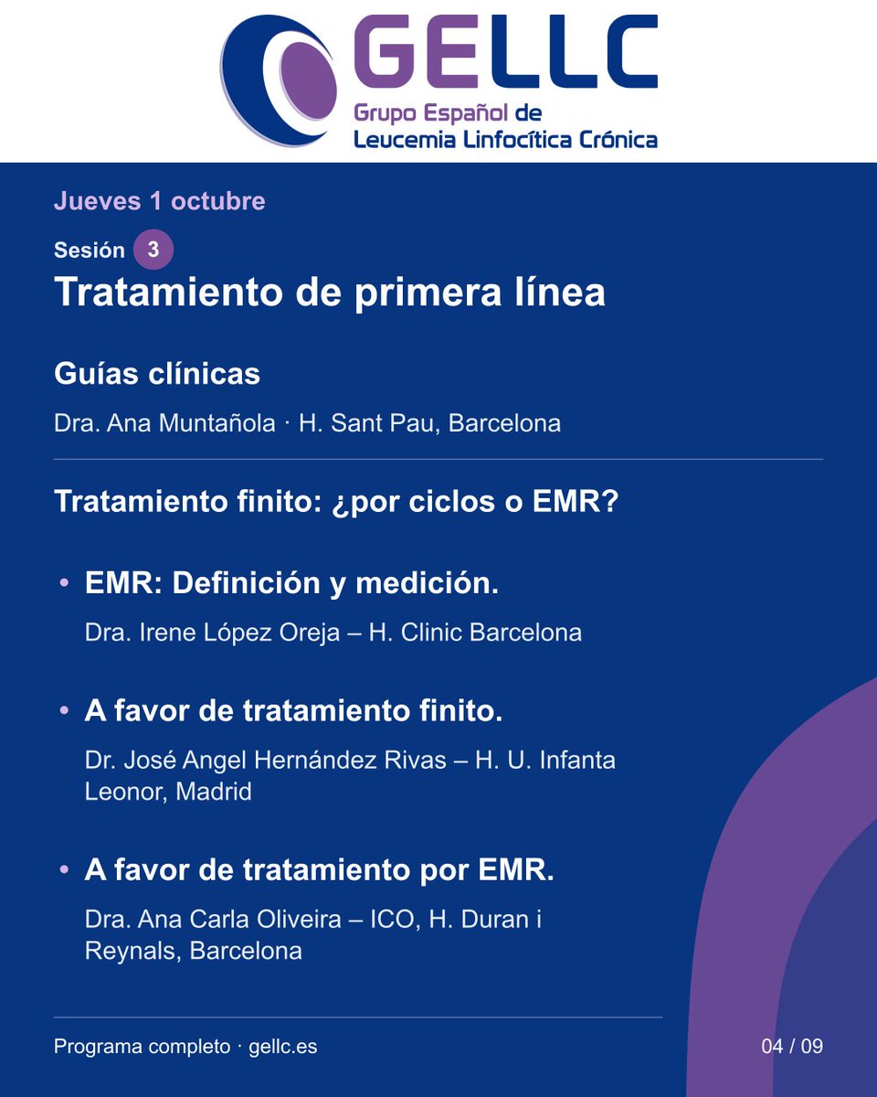 gellc's tweet photo. 2/3 · Jueves 1 de octubre

Sesión 1. Diagnóstico y biología de la LLC
Sesión 2. La LLC en la sociedad. ¿Cuál es el camino?
Sesión 3. Tratamiento de primera línea
Sesión 4. Dudas razonables https://t.co/Igw5OFhBde