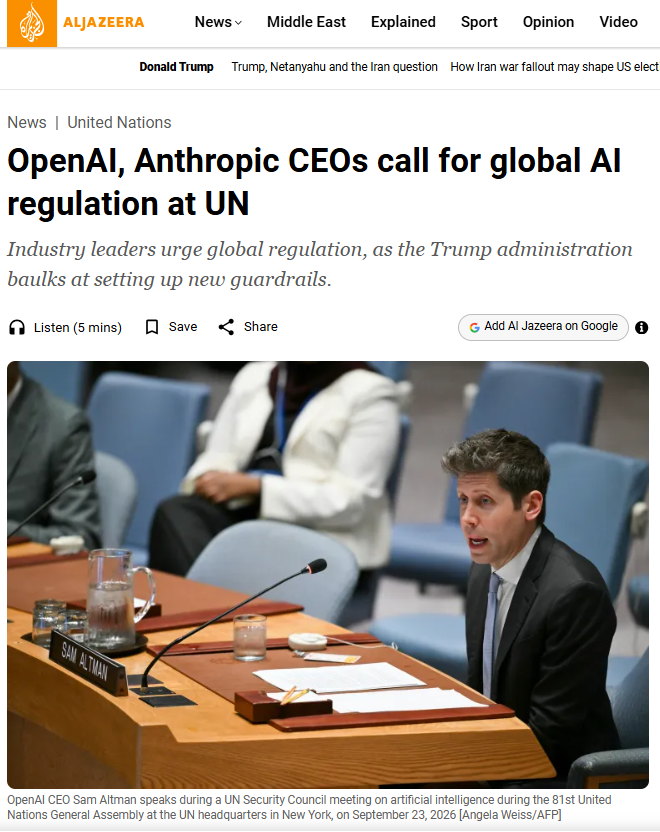 AIToolsTested's tweet photo. The people building AI just told the UN to slow them down.

Not a competitor. Not a critic. The CEOs themselves.

"AI could be a risk to humanity as a whole" — said on stage, on the record.

Confirmed via Al Jazeera (Sept 24): at a UN Security Council meeting during the General Assembly, OpenAI's Sam Altman and Anthropic's Dario Amodei both called for global AI oversight. Amodei told the council: "If managed poorly, I even believe AI could be a risk to humanity as a whole." Altman argued the most important AI decisions "cannot be made by labs in San Francisco alone" and need to be shaped through democratic, accountable processes.

Why this matters beyond the headline: these are the same companies racing to ship the tools this account reviews every week. When the people building the technology are the ones asking for guardrails in public, on record, at the UN — that's worth more attention than the usual "AI safety" op-ed cycle.

Full story: https://t.co/Tl7ISBGpLh

#AISafety #OpenAI #Anthropic