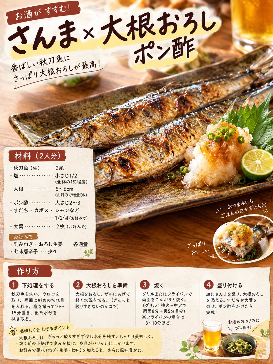 _katuo_tatakl_'s tweet photo. 旬のさんま×大根おろしポン酢🐟

焼いて添えるだけで、今夜のごちそうに。

皮はパリッと香ばしく、身はふっくら。
脂の旨みに、さっぱり大根おろしとポン酢が合わさって、後味は軽やか。
ジュワッと広がるさんまの旨みで、ごはんもお酒も進みます🍚🍺

焼く前に表面の水分をしっかり拭くと、皮がパリッと仕上がりやすいです。

薬味を足すならどちらが好み？👇
①おろし生姜 ②七味唐辛子

#かつ飯レシピ