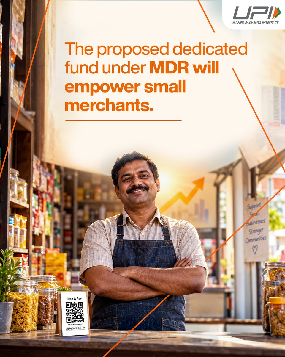 UPI_NPCI's tweet photo. What does MDR mean for small merchants across India?

The proposed dedicated fund aims to support merchant onboarding, incentivise UPI transactions and expand digital payment adoption across rural areas and Tier 3–6 cities.

#UPI #UPIChalega #MDR #DigitalPayments https://t.co/mw0NCVEn4Z