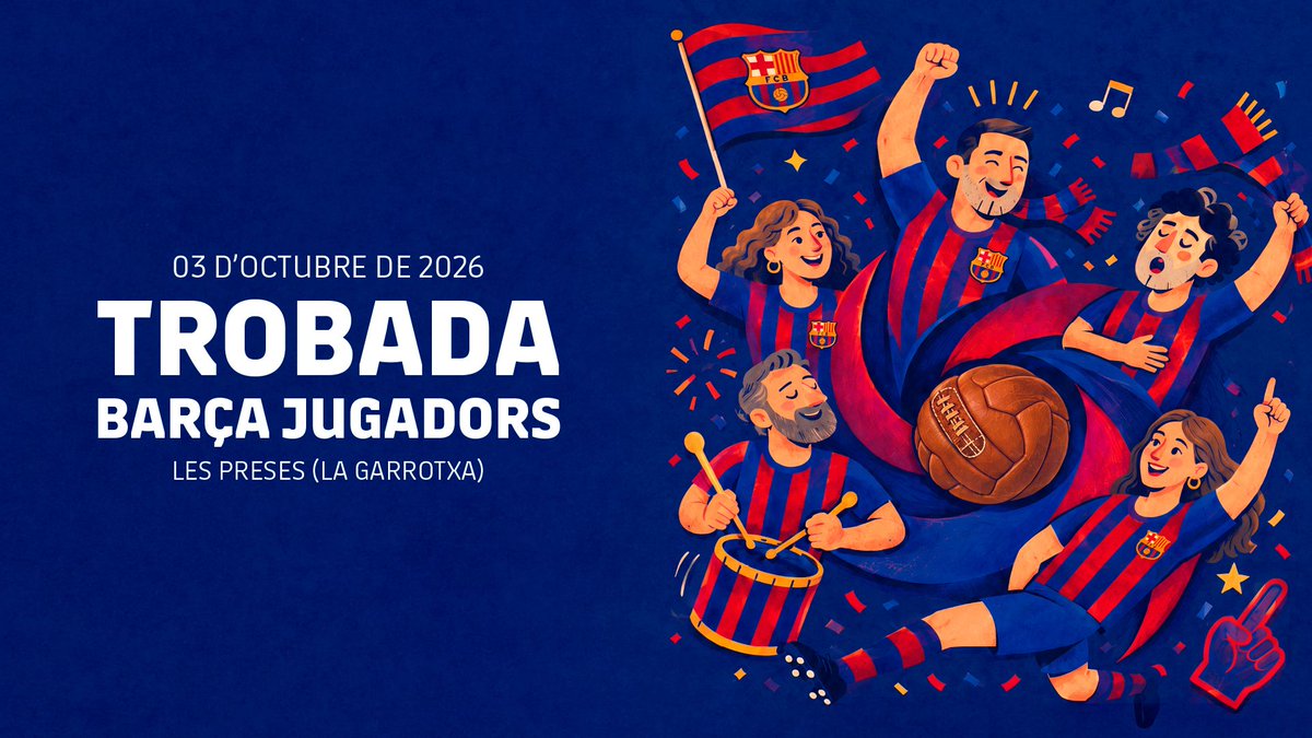 FCBjugadors's tweet photo. 🔵🔴Les Preses acollirà la Trobada Barça Jugadors 2026!💙❤️

⚽Aquest dissabte, 3 d’octubre, prop de 240 veterans i veteranes blaugrana es reuniran per gaudir d’una jornada de retrobament, esport i germanor.

#SeguimEnJoc #TotaUnaVidaAlBarça #BarçaVeterans
https://t.co/d0QcT6OQxy https://t.co/gXFT3H8TKg