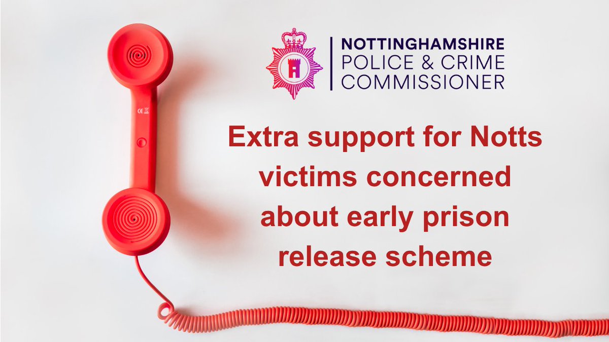 NottsOPCC's tweet photo. Extra support is being provided for Notts victims who are affected by or worried about the Government's early prison release scheme.

Find out more here https://t.co/eBLLO9BY0D https://t.co/BfmEbYdIb7
