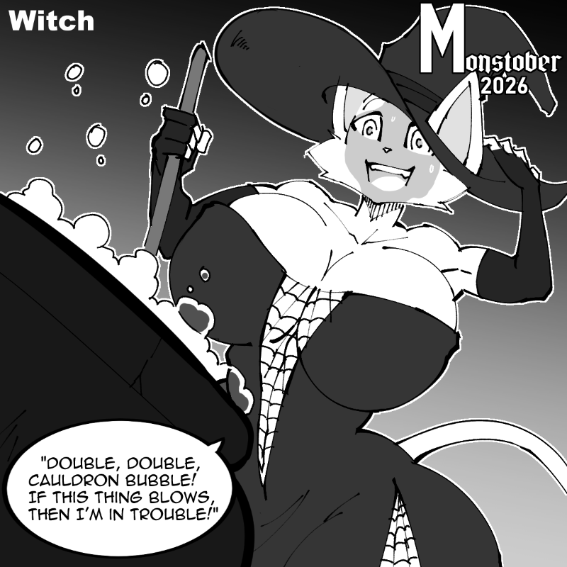 hayakain's tweet photo. Doing Monstober for Inktober! Monstober is characters either dressed as or interacting with classic Halloween/Horror things! : D This is day 1: Witch! Kitty is cooking up a promising potion, but she better be careful not to add too many eyes of newt! https://t.co/zfkRyTrZYo